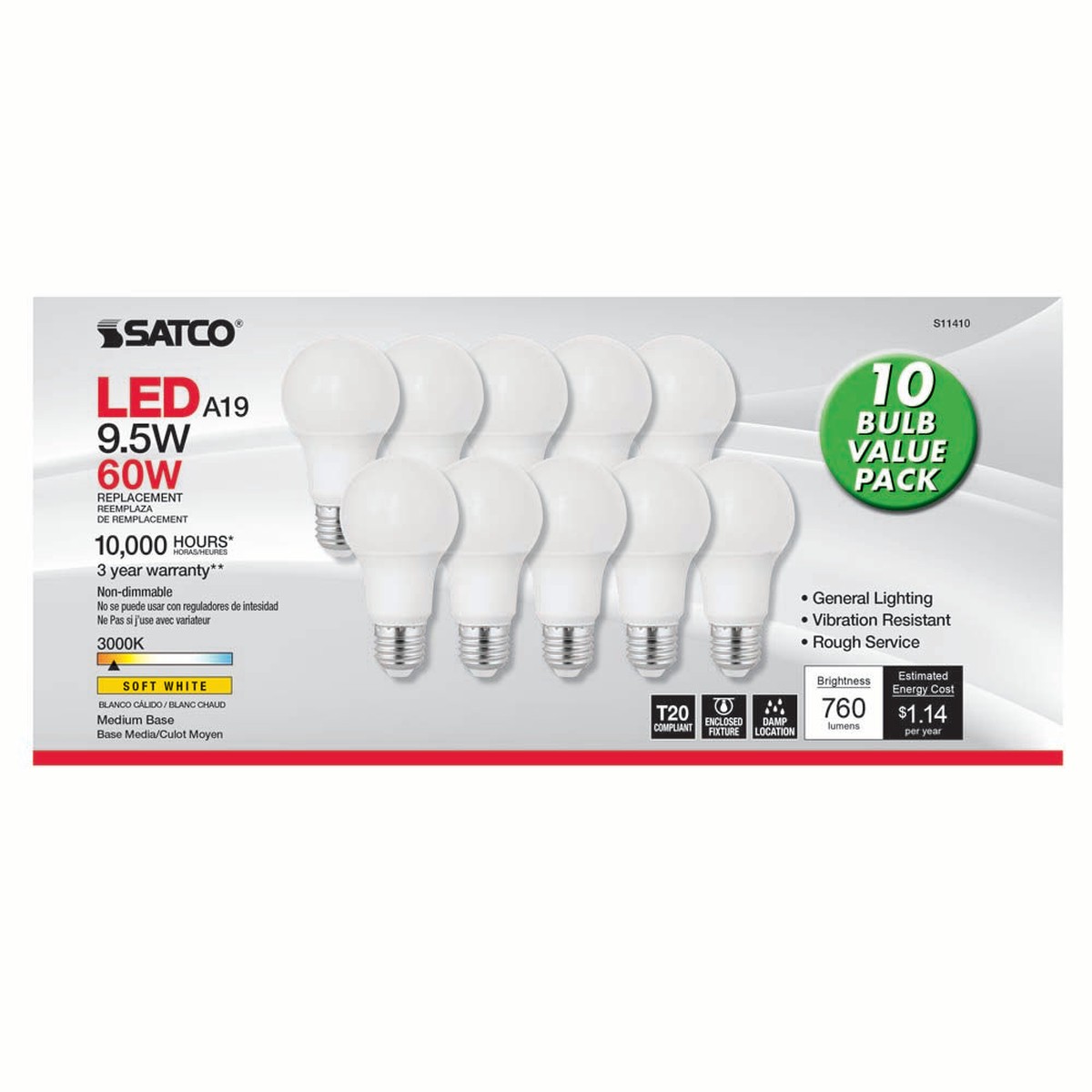 10Pk - Satco 9.5w 120v A19 LED bulb Frosted E26 Medium Base 3000k - 60w-equiv